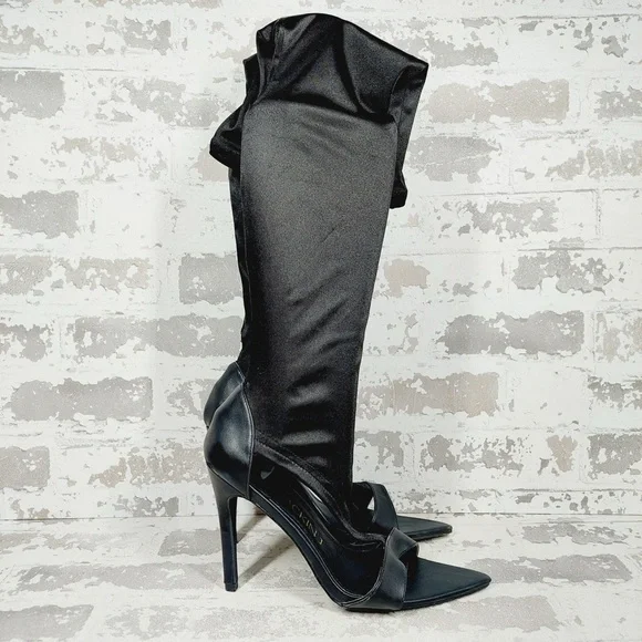 NEW Mackin J Satin Thigh High‎ Stocking Stiletto Black Over The Knee Boots K800 - Picture 7 of 13